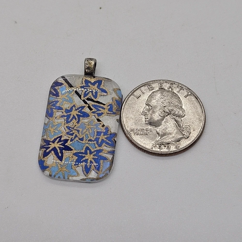rectangular art glass pendant blue leaves flowers stars